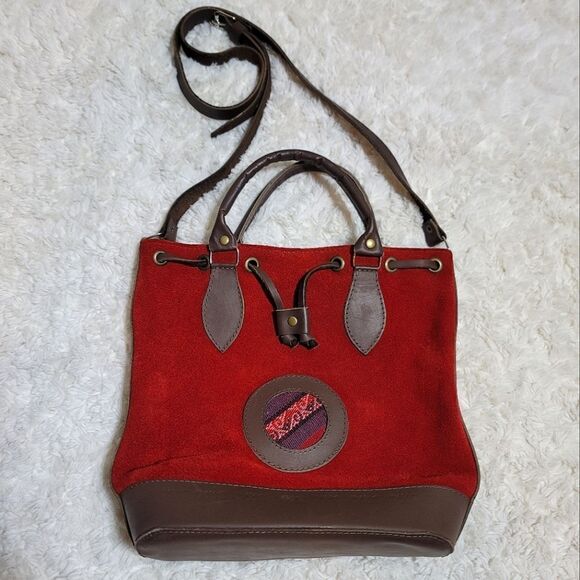 Red Suede Bolivian Folk Vintage Leather Synching Boho Bucket Bag Purse - Picture 10 of 13